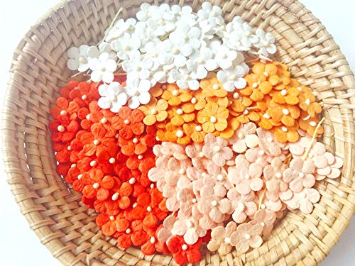 Plflower Set Of 50 Tiny Flower Mixed Tone Orange Embellishment With Thread Stem Mulberry Paper Flower Size 0.30" Very Small Orange1 Craft Handmade Wedding Scrapbook For So Many Card Craft Projects #TOP3