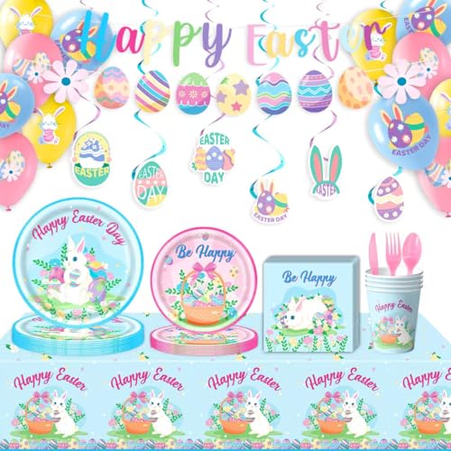 BlissfulDestiny Easter Party Supplies Set, Easter Theme 331 Pieces with Plates, Napkins, Cups, Banner, Balloon, Tablecloth, Flag Swirls and Tableware for 40 Guest Pink and Blue Design for Party