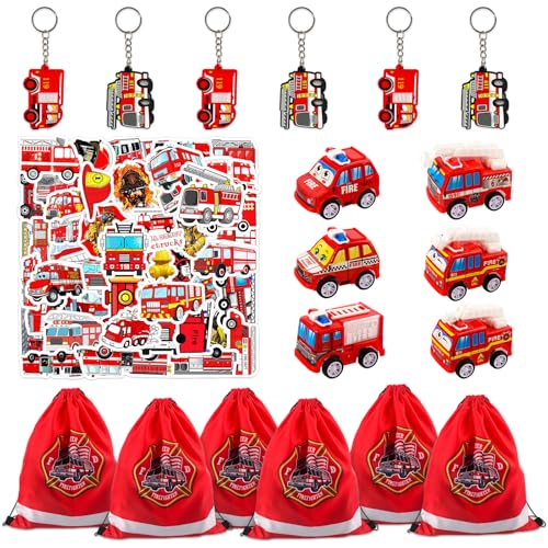 JWTRSVTY 68 peças presente de bombeiro de festa, bombeiro crianças presente de aniversário, bombeiros brinquedo crianças aniversário, 6 bombeiros porta-chaves 6 bombeiros bolsa festa com cordão 6