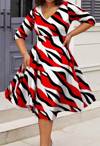 Image of Womens Plus Size Dresses Faux Wrap Summer Dress 3 /4 Sleeves V Neck 1950s Retro Vintage Wedding Party Midi Dress