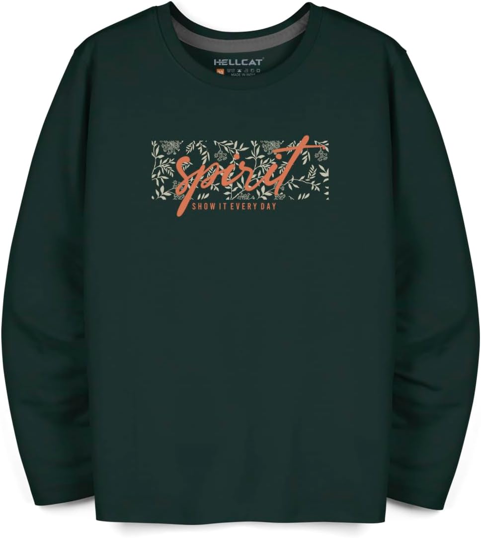 HELLCAT Beige Trendy Graphic Printed Typographic Cotton Blend Round Neck Full Sleeve T-Shirt for Boys