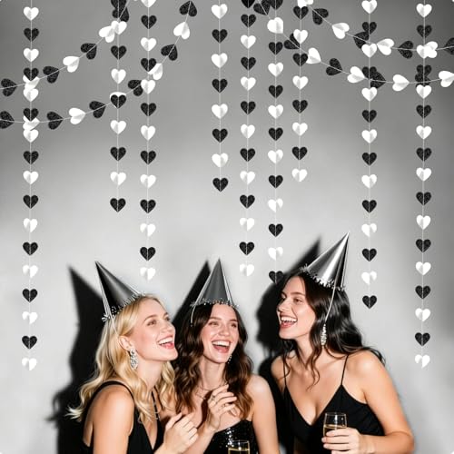 Image of Black White-Silver Party-Decoration Heart Garland - 39ft 21st Men Birthday Hanging Backdrop Streamers,Graduation Engagement Wedding Banner Bridal Baby Showers Bachelorette NYE Party Decor