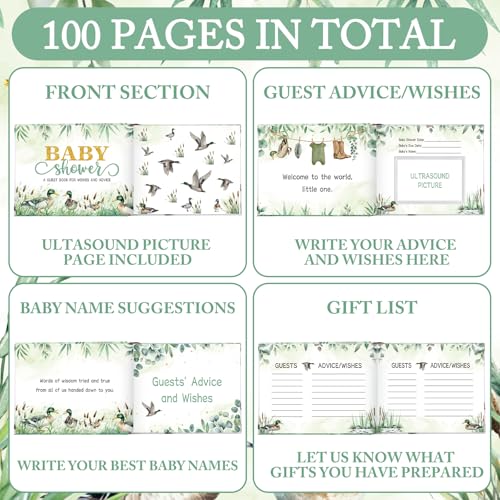 Image of Fuyoooo 27 Pcs Mallard Duck Baby Shower Guest Book Set Baby Shower Sign in Guest Duck a Little Hunter is on the Way Book Place Table Cards with Gold Pen Adhesive Photo Corner for Birthday Party
