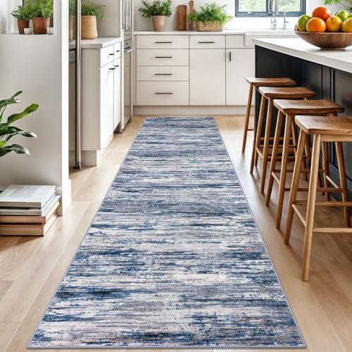 3x10 Navy Blue Gray Neutral Multi Modern Abstract Runner Rug for Hallways, Super Soft Hallway Decor Kitchen Rugs with Non-Slip, Non-Shedding Washable Rug for Entryway Bedroom Indoor