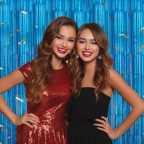 Image of DECOCKRAT 3 Pack Foil Fringe Backdrop - Laser Blue Shiny Tinsel Curtains for Party Decoration /Photo Booth Props - 3.3x8.2 FT Metallic Foil Backdrop for Birthday, Wedding, Graduation, Christmas.