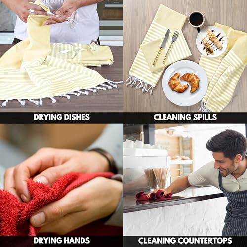 Image of Turkish Kitchen Towels 18x26 Inches with Tassels - 4 Pack - Ultra Absorbent, Durable, Soft 100% Cotton Dish Towels for Drying & Cleaning - Machine Washable, Quick-Dry - Lemon Yellow
