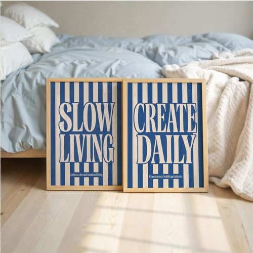 Image of Suneree Slow Living Create Daily Wall Art Set of 2 Framed Paintings | Blue Striped Typography Motivational Poster | Office Bedroom Home Decor (Art 6, 10x13 Inches)