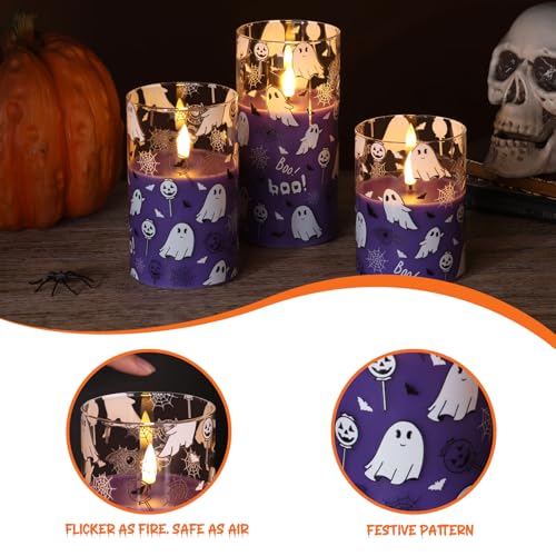 Image of Purple Ghost Halloween Flameless Pillar Candles with Remote Set of 3