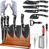 XYJ Authentic Since 1986, Kitchen Knife Set with Wooden Magnetic Knife Block, Scissors, Honing Steel, Peeler...