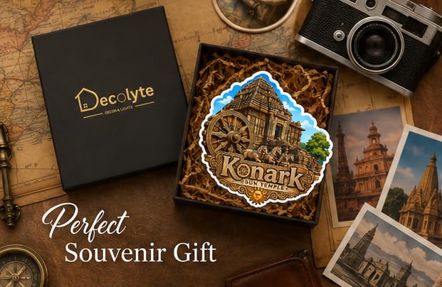 Image of Konark Sun Temple Theme Wooden Fridge Magnet Souvenir | 3x3 in Kitchen Home Decor Gift