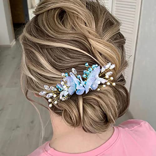 Campsis Wedding Hair Side Comb Blue Crystal Bridal Hair Comb Butterfly Rhinestones Hair Accessories For Bride Woemn Prom Party For Women And Girls #TOP2