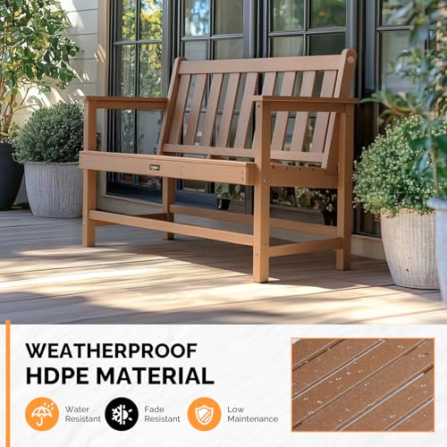 Image of VINGLI 49in HDPE Outdoor Bench with Backrest and Armrests, 2-Person Weatherproof Patio Bench, Heavy Duty 600 lbs Capacity, Low Maintenance Garden Benches for Porch Backyard Poolside Park (Teak)
