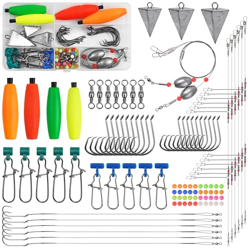 JOGFFDE Catfishing Tackle Making Kit Catfish Surf Fishing Rig with Catfish Floats Circle Hooks Leader Rigs Swivels Pyrmids Sinker Weights Sinker Slides (107pcs Kit)