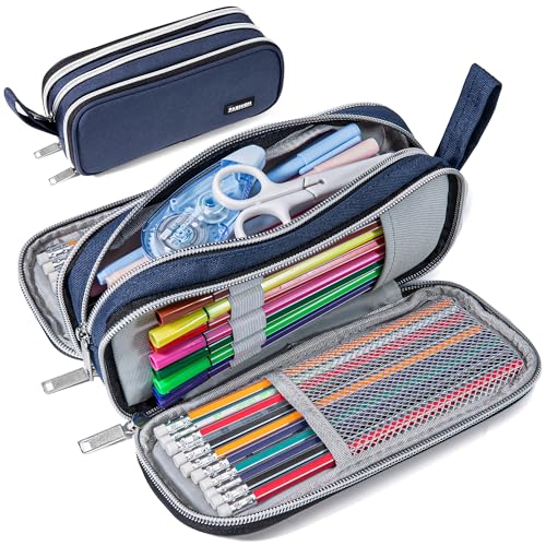 Image of Pencil Case with 3 Compartments, Canvas Zipper Pencil Pouch, Large Pencil bag, Big Pen Case Pouch Organizer for Adults, Pencil Pouches for Middle High School Teen Boys Girls - Blue