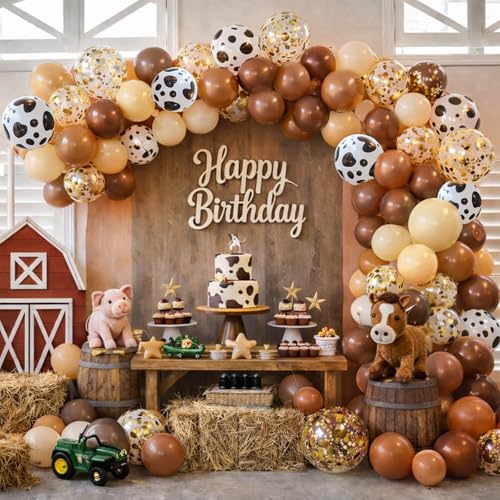 Image of Brown Western Balloons - 52pcs 12 Inch Coffee Light Brown Tan Nude Gold Confetti Cow Print Latex Balloons for Boy Cowboy Western Decor Birthday Farm Country Baby Shower Party Decorations