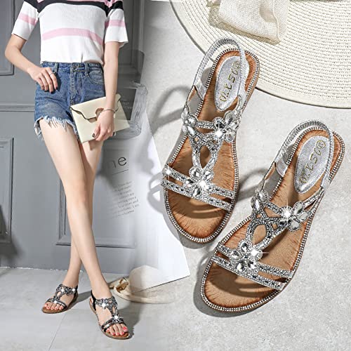 Meeshine Women T-Strap Rhinestone Beaded Gladiator Flat Sandals Summer Beach Sandal（Sliver01，Us 10） #TOP5