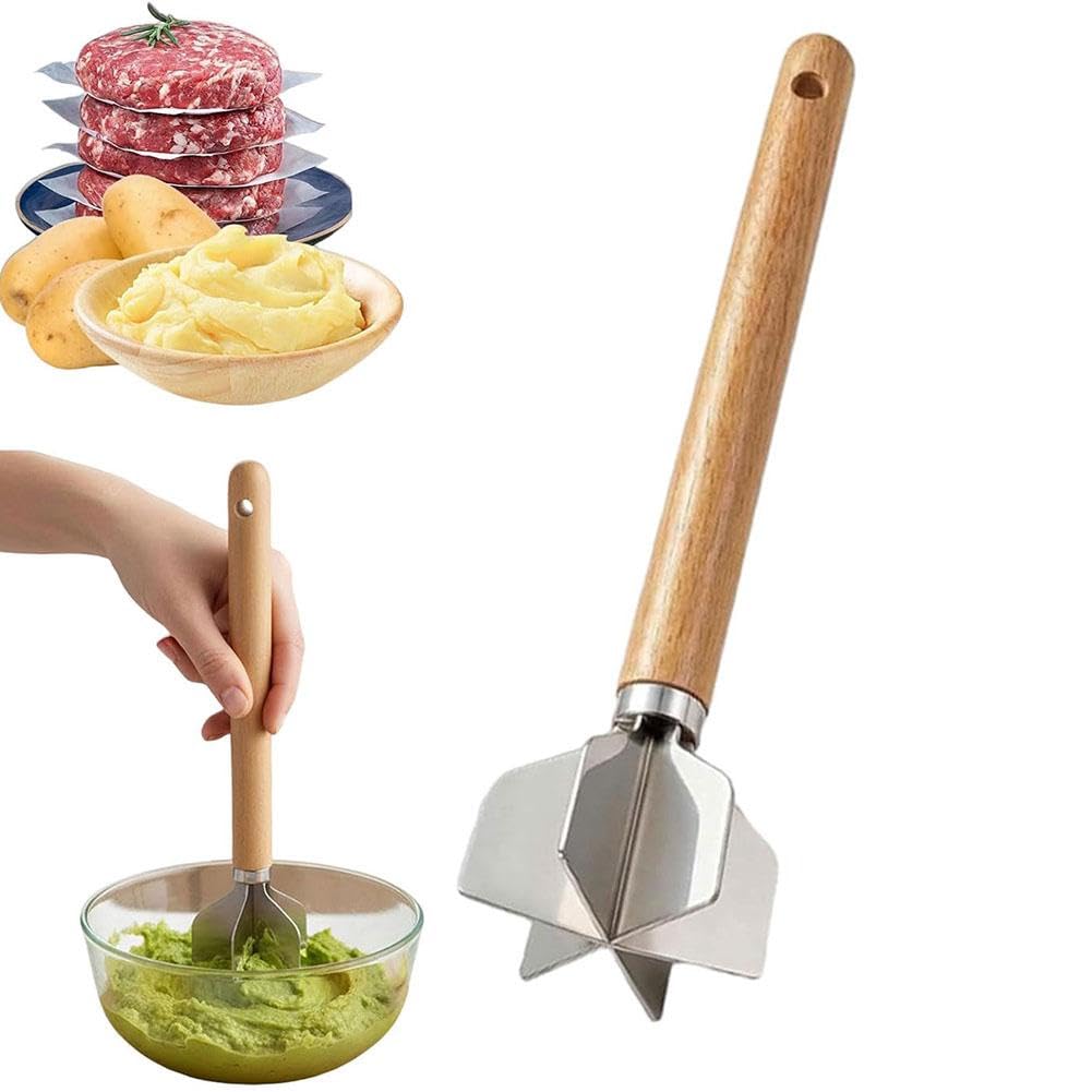 Fleischzerkleinerer Stampfer, 6 Klingen gemahlenes Rindfleisch Zerkleinerer mit Holzgriff, 27,9 cm Kartoffelstampfer, Mehrzweck-Küchenwerkzeug für Hausmannskost und Hackfleischzubereitung