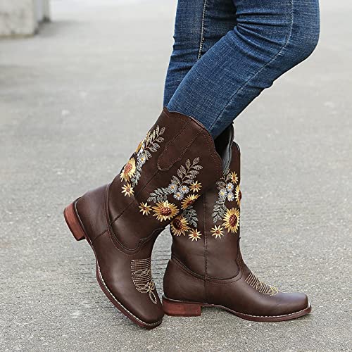 ZBYY Cowboy Boots for Women Pointy Toe Low Chunky Heel Cowgirl Boots Winter Sunflower Embroidered Knee High Western Boots3