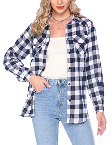 Hotouch Women's Long Sleeve Roll Up Flannel Plaid Shirt Button Down Buffalo Plaid Tops Flannel Denim Blue