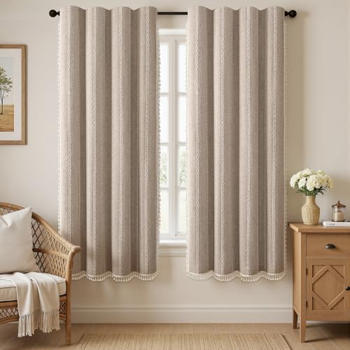 Image of XOGUIBO Brown Boho Blackout Curtains 72 Inches Long Linen Blend 2 Panels with Tassels and Cotton Embroidery, Farmhouse Vintage Rustic Rod Pocket Drapes for Living Room or Bedroom