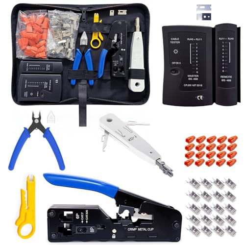 Juego de herramientas de red Pass Through RJ45, crimpadora para Cat5/Cat6/Cat7 con 20 conectores RJ45, comprobador de red, herramienta de colocación LSA, pelacables y kit de reparación