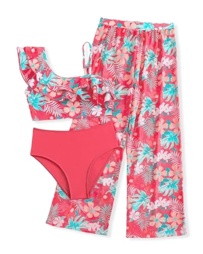 Trsenvrml Traje de baño de 3 piezas para niñas, traje de baño para niños, parte superior de bikini + calzoncillos + pantalones florales, rosa, 11-12 años