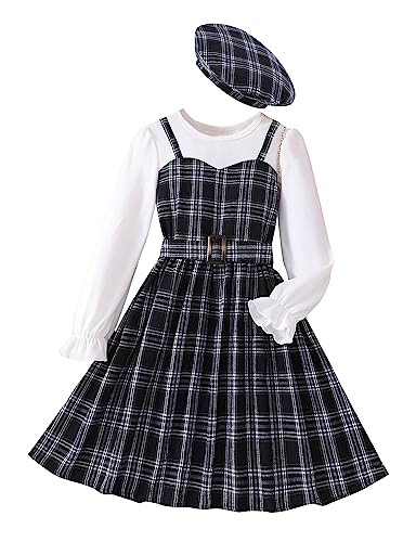 Image of Toddler Little Girl's Long Ruffle Sleeve Solid Top and Plaid Belted A-line Skirt Set with Hat