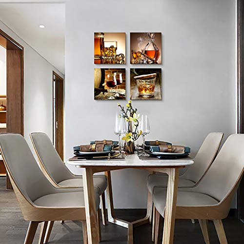 Kitchen Wall Decor Canvas Art Still Life Wine Glass Wall Art Decor Ready To Hang For Home Decoration Bedroom Dining Room Pub Wall Mural Artwork 12" X 12" 4 Pieces Framed Canvas Posters Prints Painting #TOP4