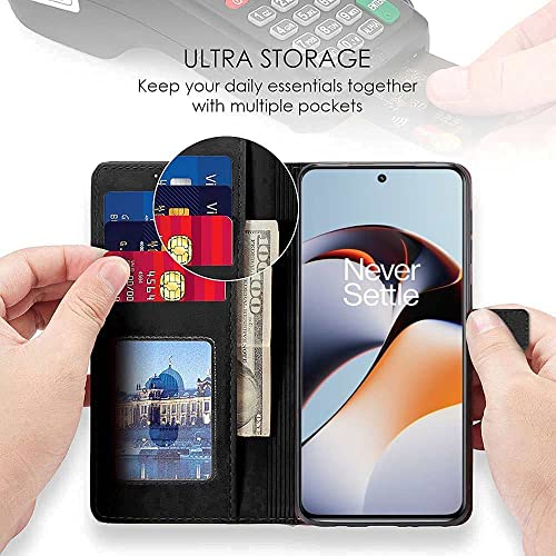 Image of WOW IMAGINE Shock Proof Flip Cover Back Case Cover for 1+ OnePlus 11R 5G (Flexible | Leather Finish | Card Pockets Wallet & Stand | Black)