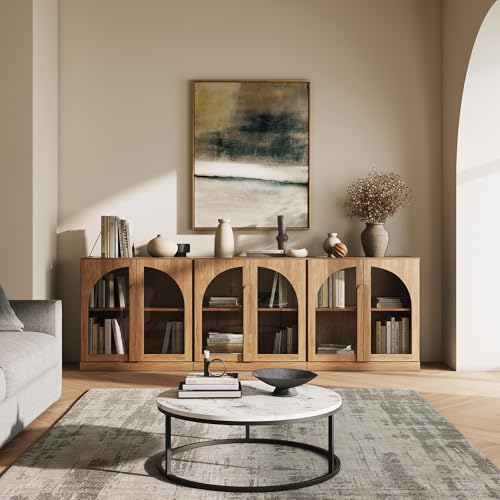 Image of BELLEZE Bijou Set of 3 Modular Sideboard Cabinets (94.5 inch Extra Long) - 6-Door Media Console Sideboard - Modern Arched Glass Buffet Credenza for Large Living Area- Camel