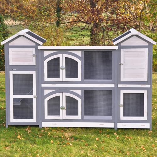nanook Kaninchenstall, Hasenstall Castle XXL mit seitlichen Aufgängen für mehr Platz - wetterfest - Staufach - extragroß 181 x 43 x 127 cm grau/Weiss