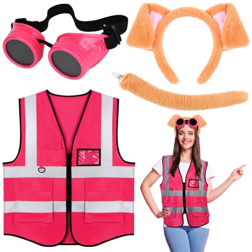 GANSHAYA 4 Pcs Halloween Dog Costume Include Dog Ears Headband Tail Reflective Visibility Vest and Googles for Women Halloween Cartoon Character Cosplay