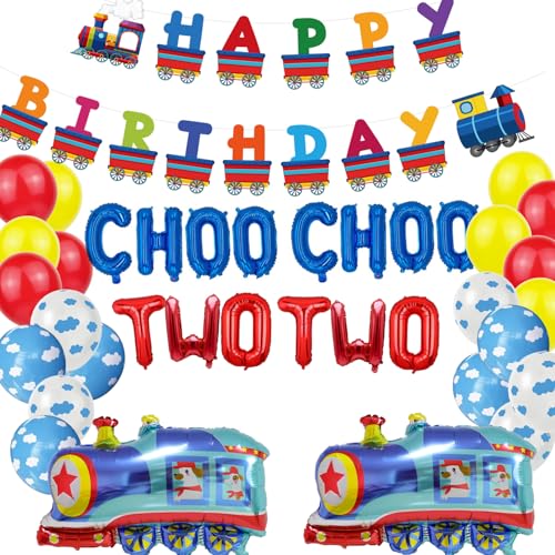 SKIRUP Choo Choo Lot de 2 décorations de fête pour garçons de 2 ans, fournitures de fête d'anniversaire sur le thème des ballons, bannière de train «...