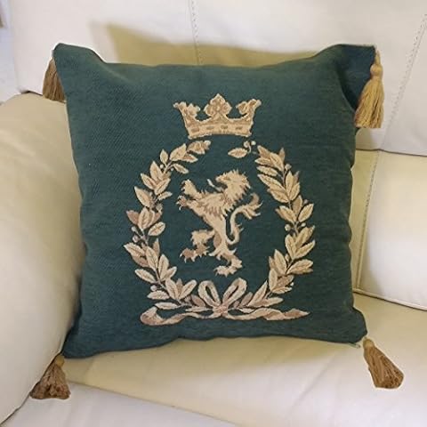UK Care Direct Luxury Embroidered Royal Lion Wreath Design Cushion Cover Only | Colour - Green, Pack of 2 | 55% Acrylic & 45% Polyester, 43cm (17") x 43cm (17") Cover