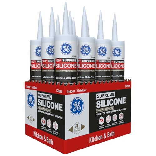 Image of GE Supreme Silicone Caulk for Kitchen & Bathroom, Clear, 10 fl oz Cartridge, 12 Pack - 100% Waterproof Silicone Sealant, 7X Stronger Adhesion, Shrink & Crack Proof