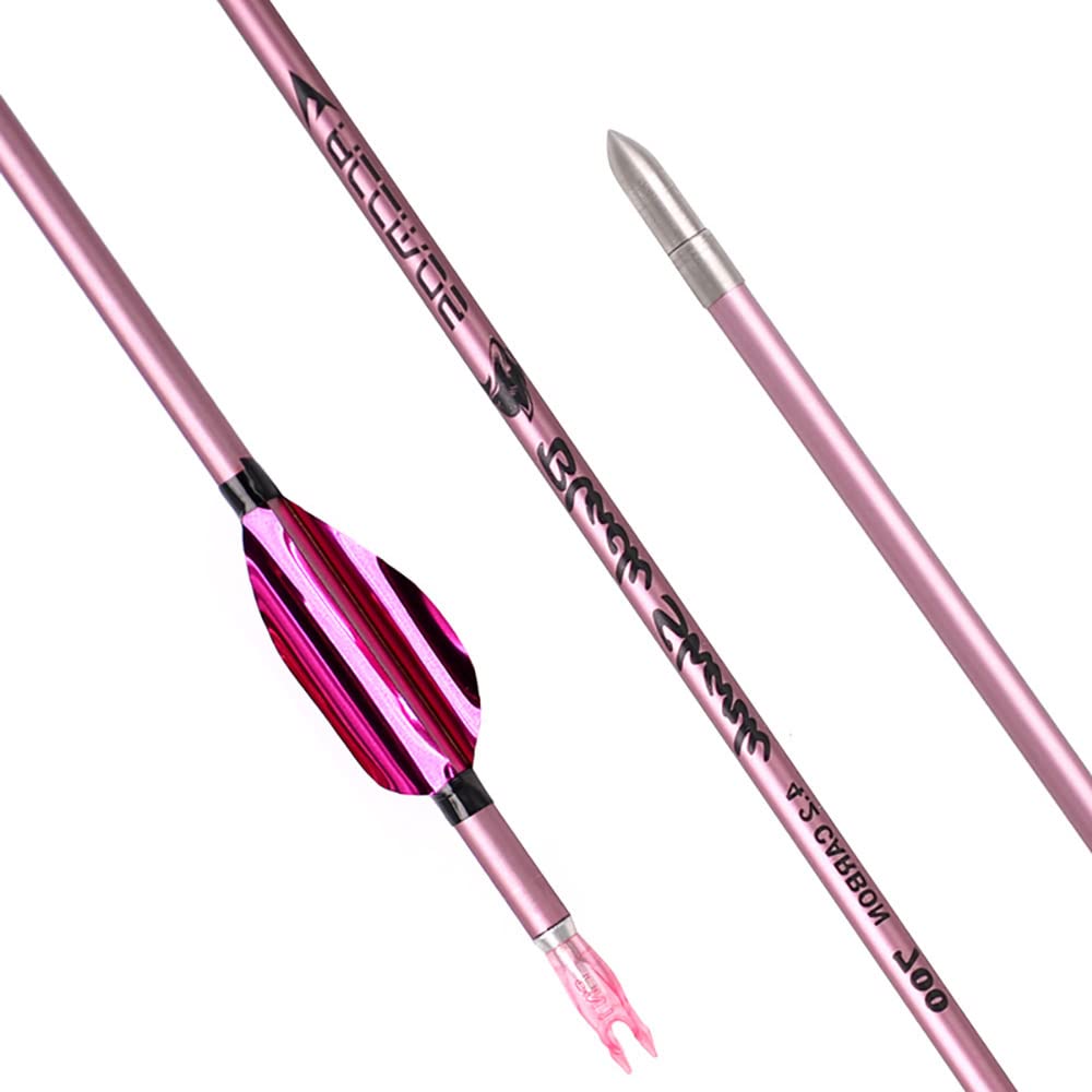 ACCMOS 6pcs Archery ID 4.2 mm Spine 500 600 700 800 900 1000 Pink Spiral Feather Hunting Arrow 23-31inch Pure Carbon Arrow, for Bow and Arrow Shooting (Spine 700, 26inch)