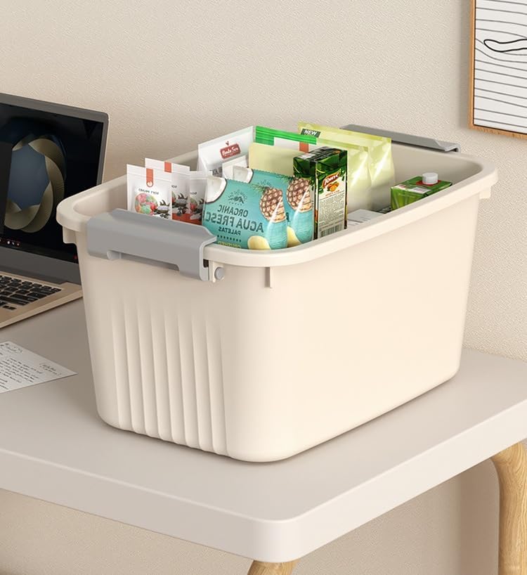 Image of Ash & Roh Plastic Storage Box /Bin /Container with Locking Lid - Sturdy and Versatile Home Organizer, Available in Multiple Size. (1, CREAM, medium 25cm X 34 cm X 18 cm)