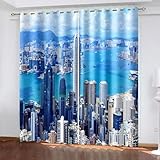 Bishilin Tende per Finestre Lunghe, Blu Bianco Oscuranti per Finestre 2 Pannelli Edifici Urbani e Paesaggio Fluviale Poliestere 86W x 138L cm