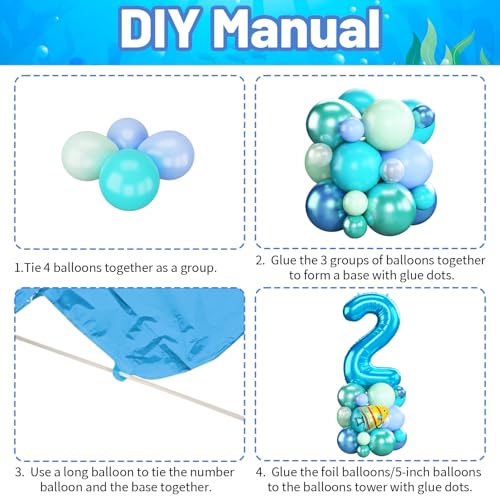 Image of Blue Number 2 Balloon 40 Inch Ocean Under the Sea Number Two Foil Balloons Tower with Shark Bubble Fish for Boys Second 2nd Birthday Party Decor Green Underwater Digital Aluminum Balloons Stack