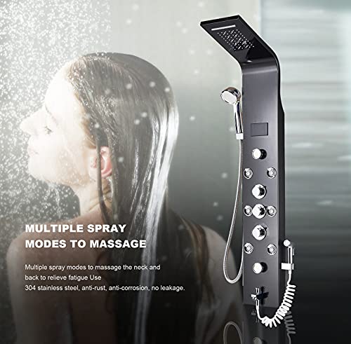 Suguword Shower Panel Tower System LED Bathroom Waterfall Rainfall Shower Head 8 Functions Stainless Steel Shower Column Tower with 6 Massage Jets and Hand Sprayer Wall Mounted,Black - Thumbnail 2