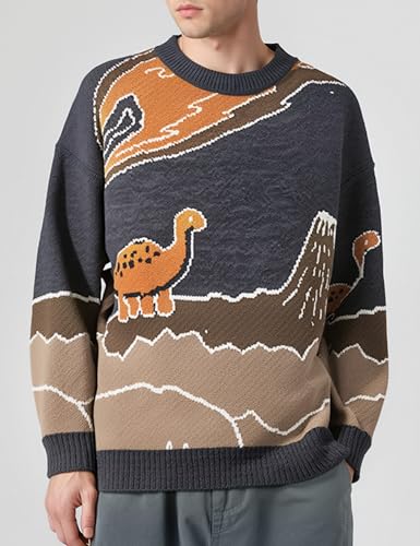 Image of Arssm Mens Oversized Dinosaur Sweater Knit Crewneck Vintage Tops | Unisex Cartoon Sweater, Pullover, Long Sleeve, Cozy Sweater