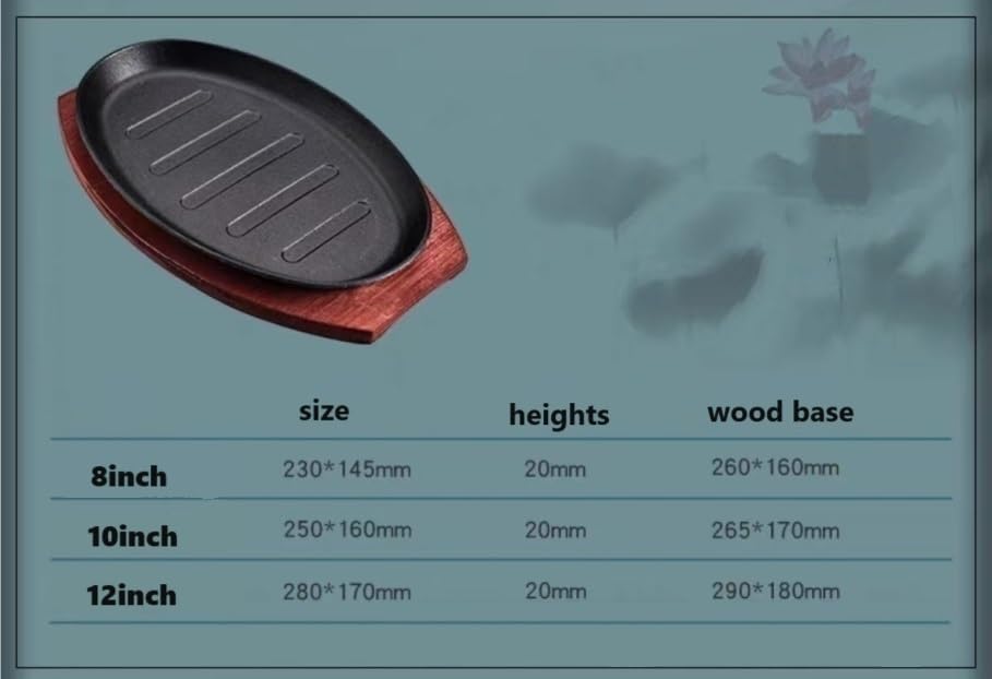Oval cast iron pan, flat frying pan with wooden floor pan, grill pan, serving tray, multifunctional oven tray for grilling meat, pancakes and ribs home or restaurant use(8inch)