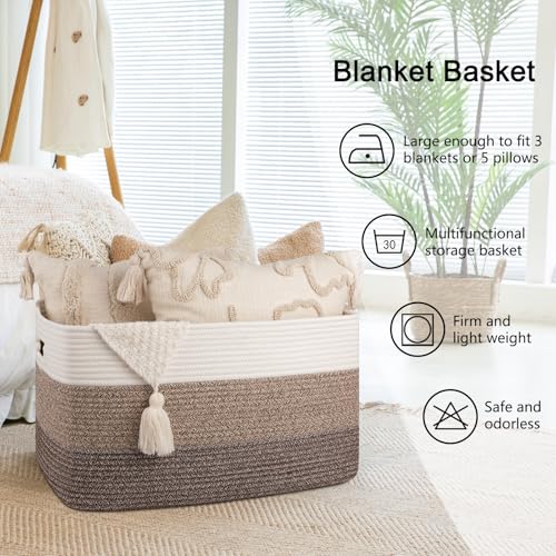 Image of OIAHOMY Large Blanket Basket For Living Room, Rectangle Woven Baskets for Storage, Nursery Toy Storage With Handle-22 inchx17 inchx12 inch-Gradient Dark Brown