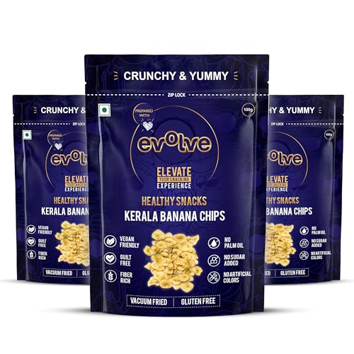 Image of Evolve Kerala Banana Chips Healthy Snacks for Kids, Adults | Gluten-Free, No Sugar or Colors, Vacuum Fried | Ideal for Weight Loss -100g Pack of 3