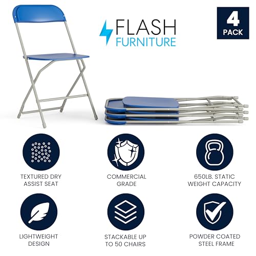 Image of Flash Furniture Hercules Series Plastic Folding Chair - Blue - 4 Pack 650LB Weight Capacity Comfortable Event Chair-Lightweight Folding Chair