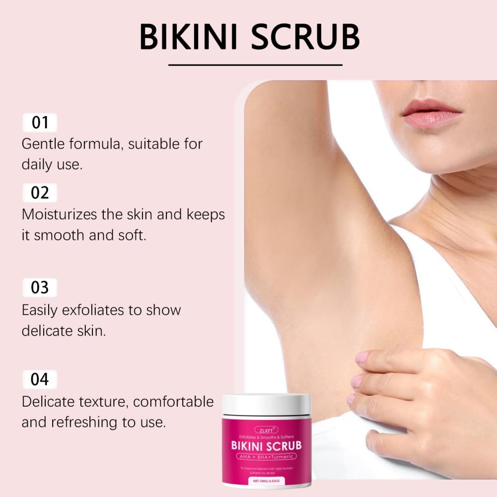 Gommage Corporel,2pcs Gommage Bikini avec 10% D'Aha+Bha et Curcuma pour le Maillot et Les Aisselles,Élimine les Poils Incarnés et les Imperfections Dues Au Rasage,100g