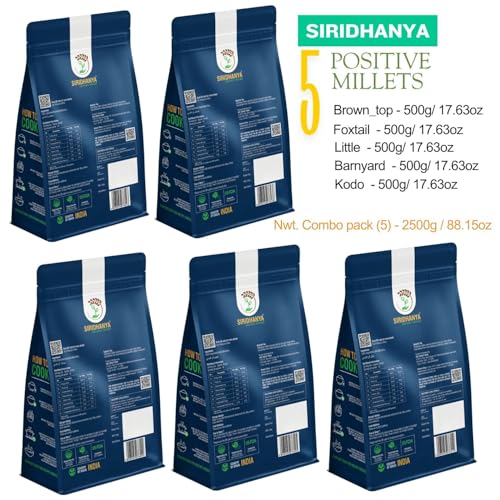 Image of Siridhanya Unpolished millets whole grains Combo Pack (5 x 500g) - Foxtail, Kodo, Little, Barnyard, Browntop | Low GI, Gluten-Free, High Fibre & Plant based Protein | Natural Healthy Grain for healthy life wt. 2.5kg