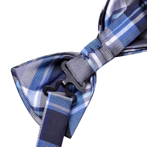 Image of Hi-Tie Bow Tie Men Pre Tied Bowtie Pocket Square Cufflinks Lapel Pin Formal Wedding Bow Ties for Men Party Tuxedo Bowtie Set,Blue White Plaid