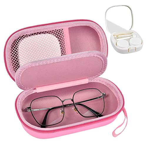 GWCASE Tragbares 2 in 1 Brillenetui Mit Kontaktlinsenbehälter Set Reise Brillenbox Für Sonnenbrille Lesebrille Und Kontaktlinsen Zubehör Hartes EVA Etui Mit Spiegel Pinzette (Rosa 1 Pack)