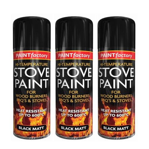 3 x High Temperature Stove Paint Black Matt Aerosol Spray 400ml – Fast Drying Heat Resistant Paint for Wood Burners, BBQs, Stoves, Engine Exhaust – Suitable for Metal, Wood, Plastic & Ceramic